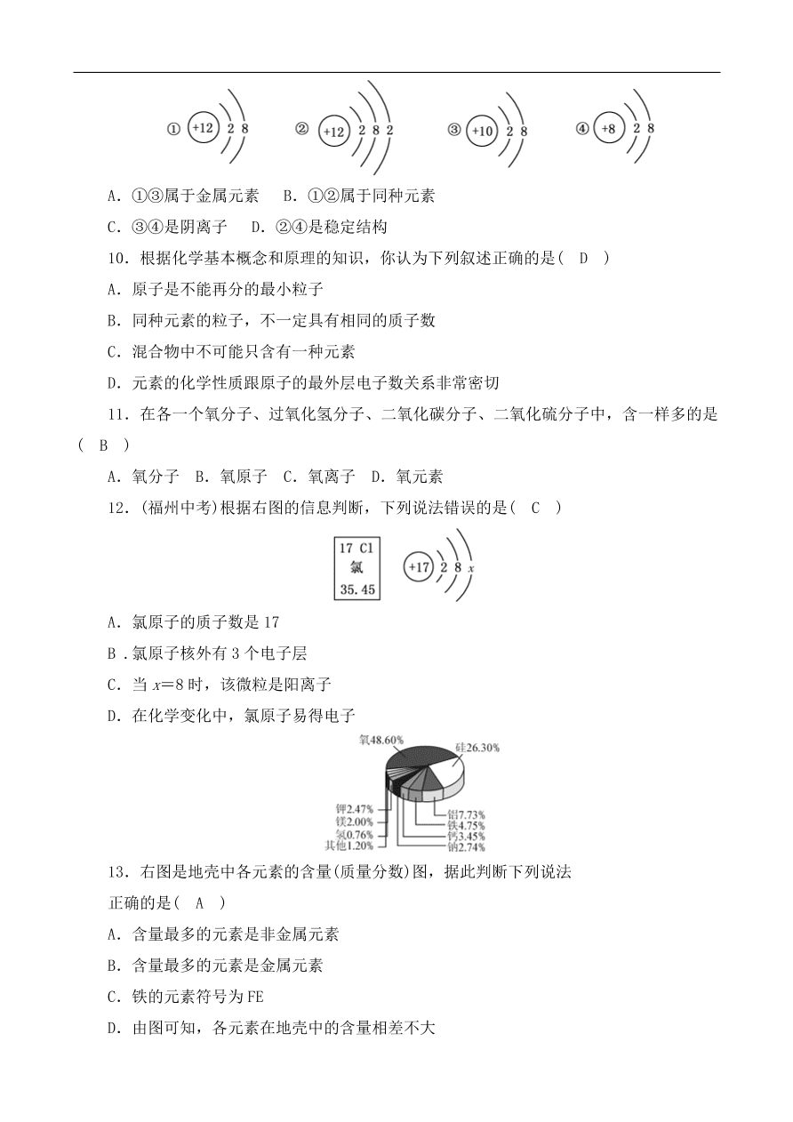 九年级化学上册单元测试 第3单元 物质构成的奥秘 2（含答案）