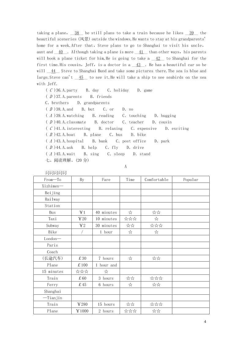 八年级英语上册Module 4 Planes ships and trains综合能力测试（外研版）