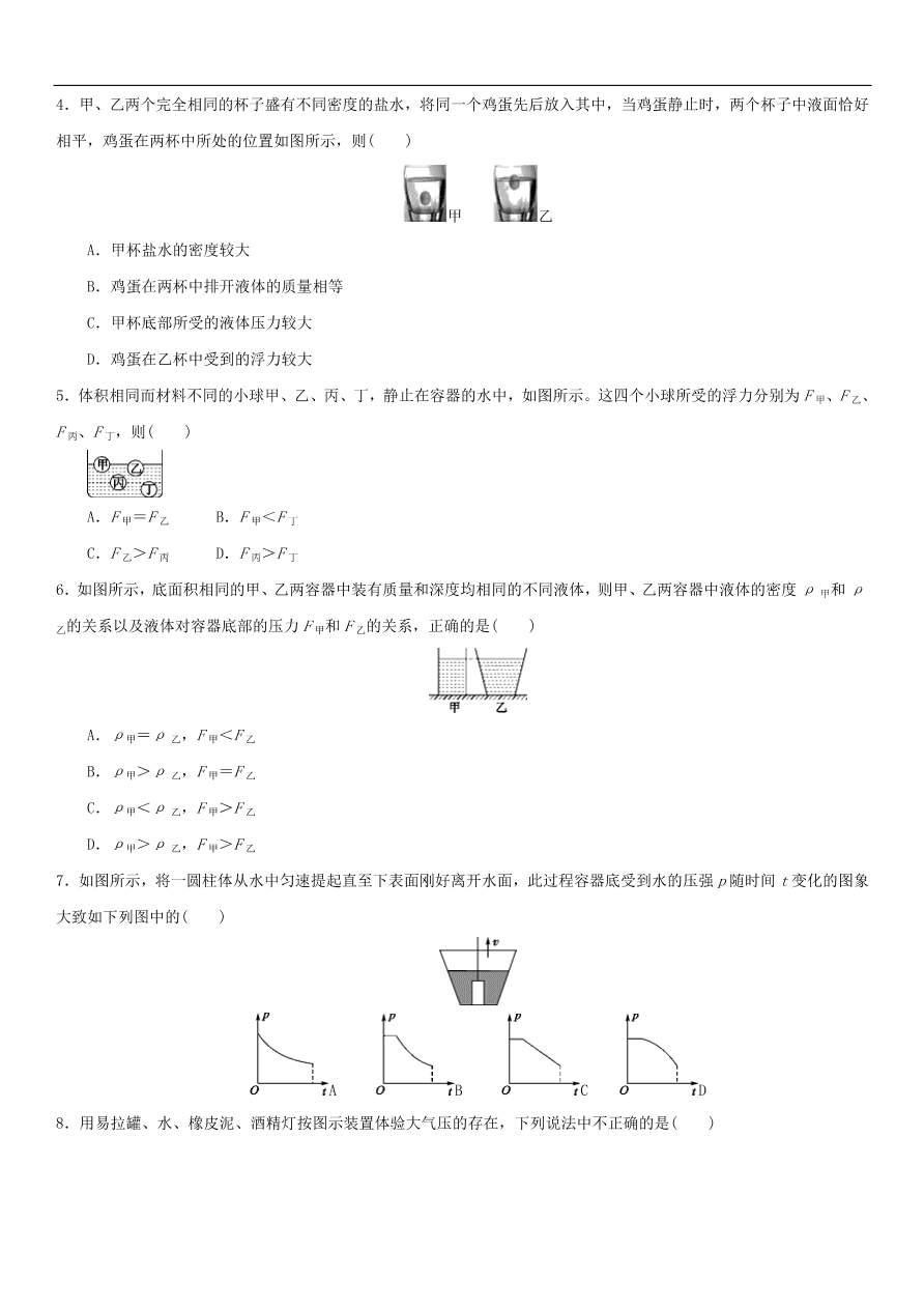 九年级中考物理专题复习练习卷——压强浮力