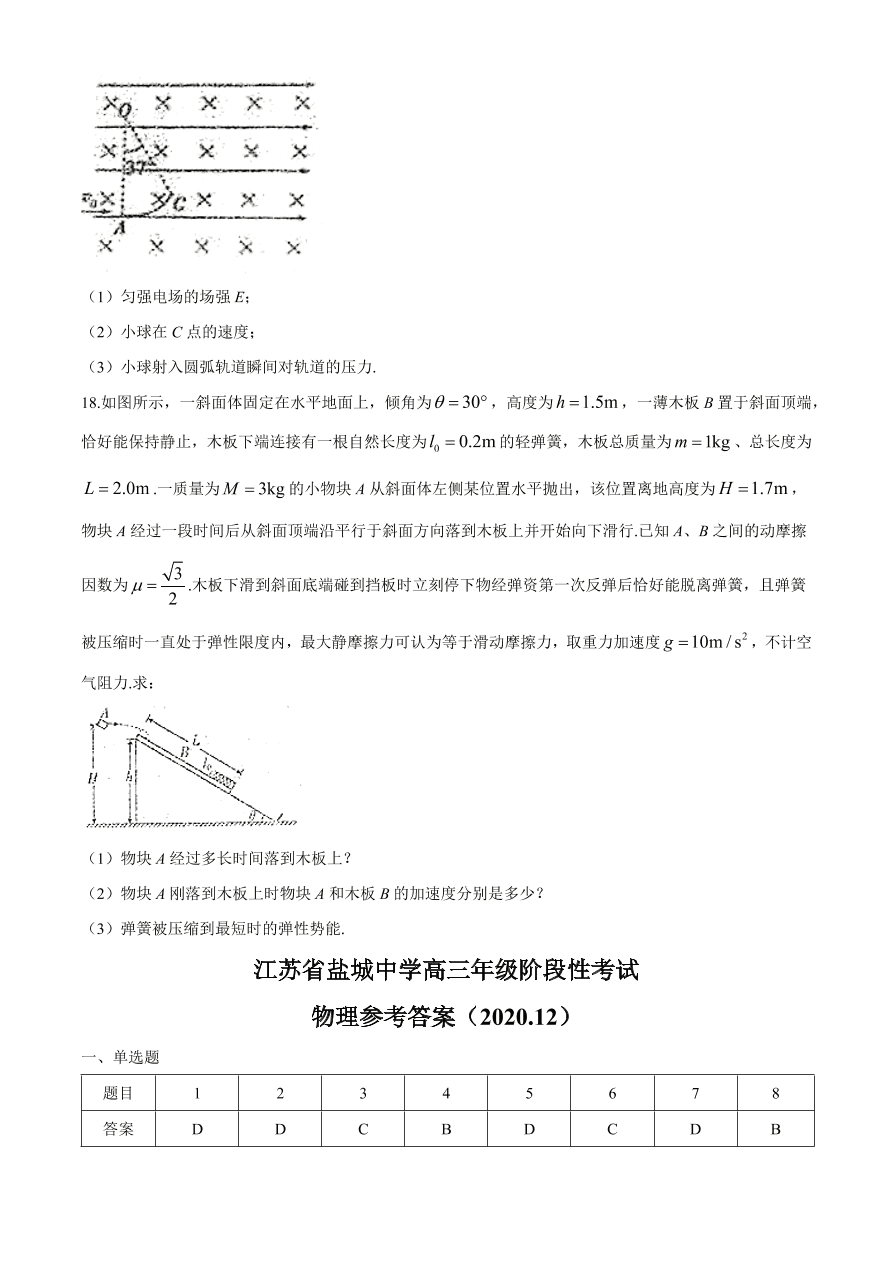 江苏省盐城中学2021届高三物理12月阶段检测试题（附答案Word版）