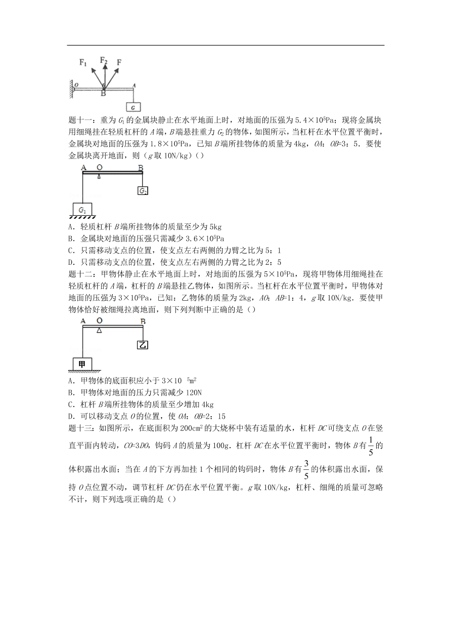 九年级中考物理重点知识点专项练习——杠杆