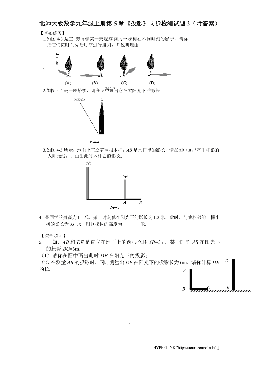 北师大版数学九年级上册第5章《投影》同步检测试题2（附答案）