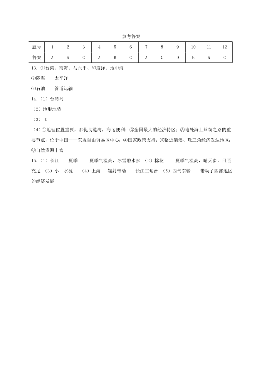 新人教版 八年级地理上册第四章中国经济发展单元综合测试(含答案）