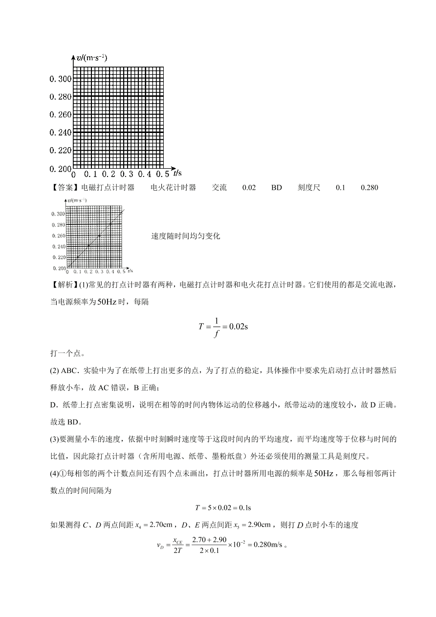 2020-2021学年高一物理课时同步练（人教版必修1）1-4 实验：用打点计时器测速度