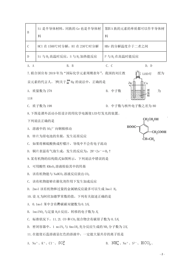 2020山西省运城市景胜中学高一化学下学期期末模考试题