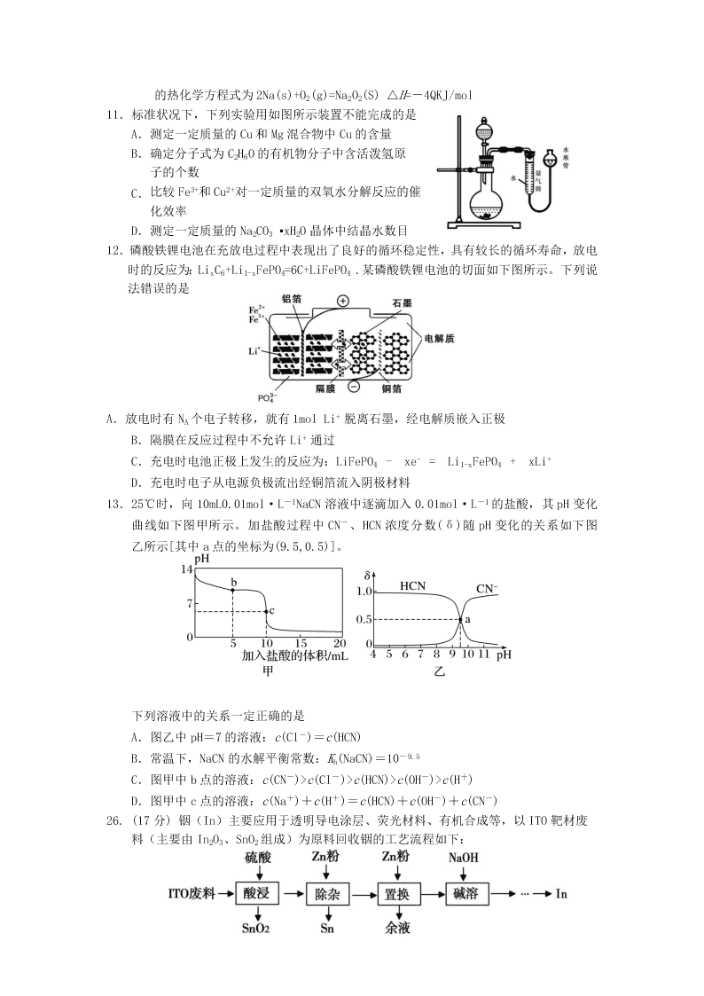 2020届内蒙古通辽蒙古族中学高三下理综化学模拟检测试题（无答案）