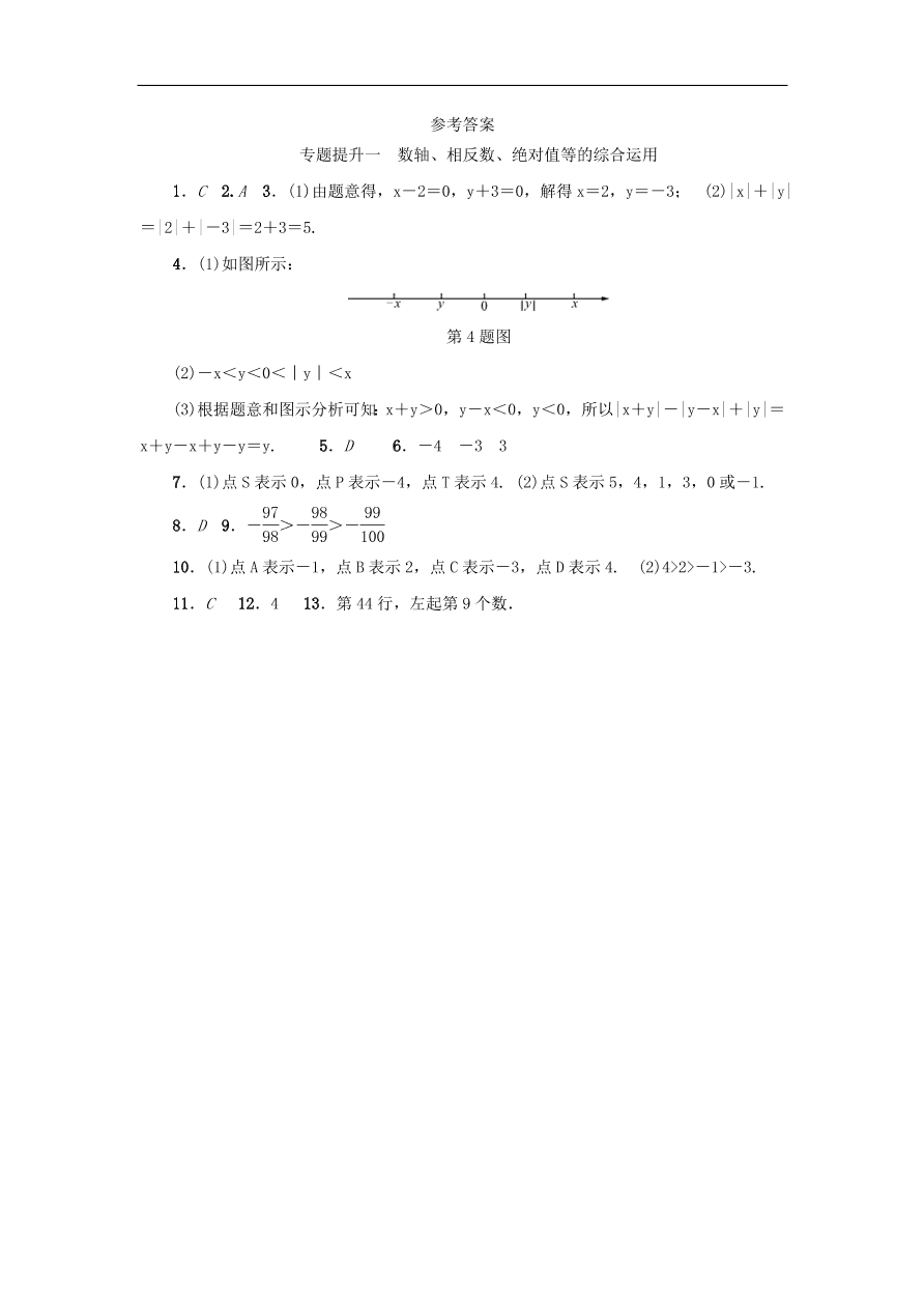 七年级数学上册专题提升一数轴相反数绝对值等的综合运用分层训练（含答案）