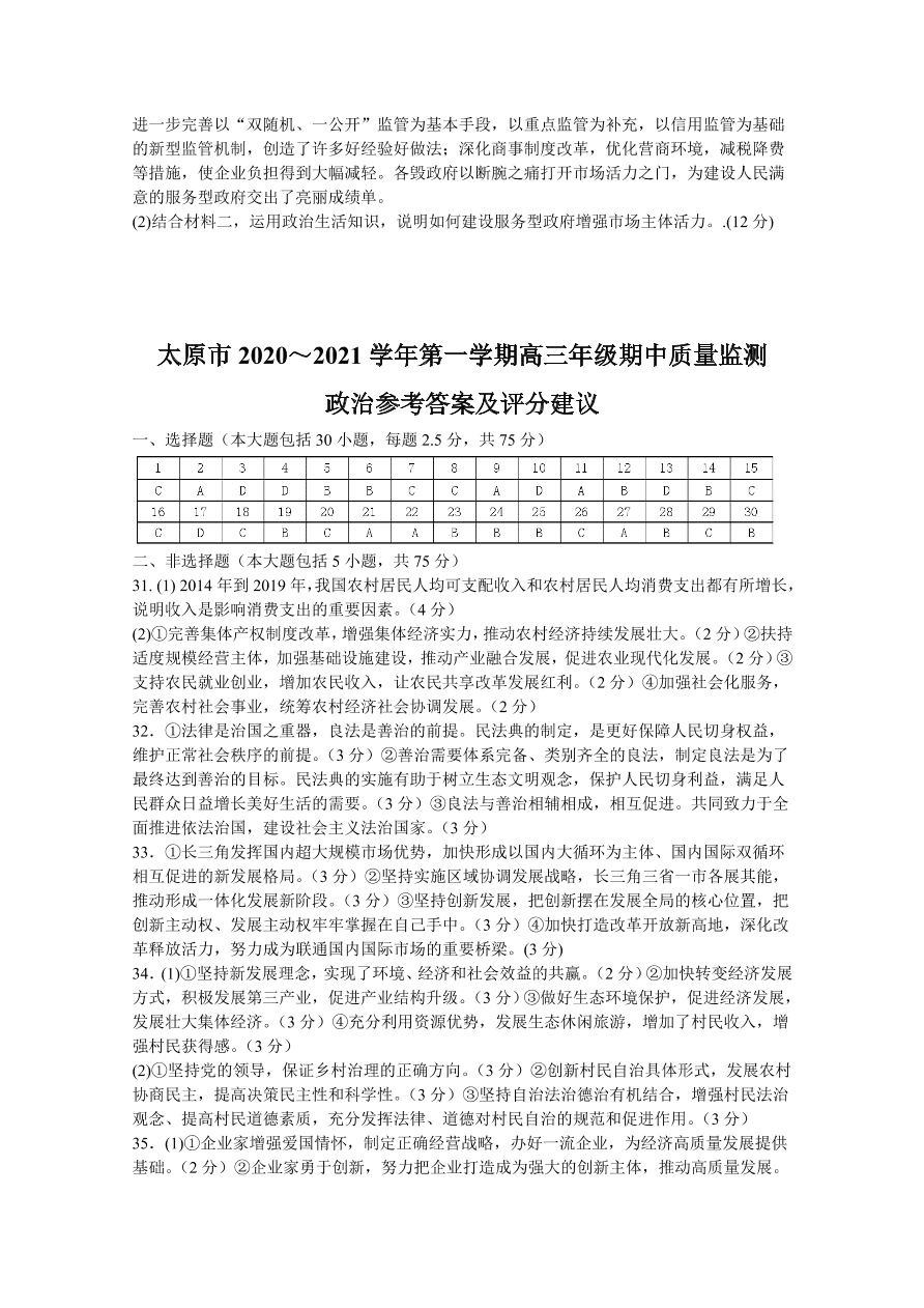 山西省太原市2021届高三政治上学期期中试题（Word版附答案）