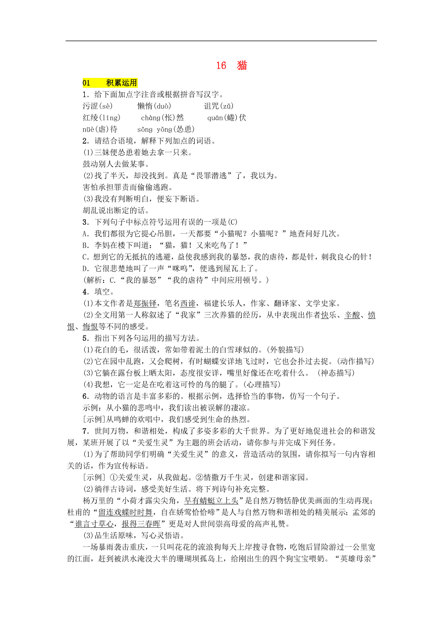 新人教版 七年级语文上册 第五单元 猫 期末复习