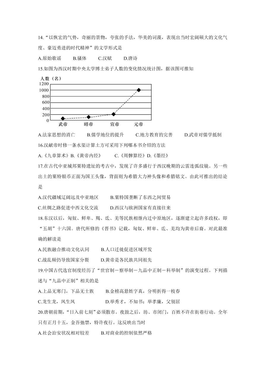 湖南省长沙市长郡中学2020-2021高一历史上学期期中试题（Word版附答案）