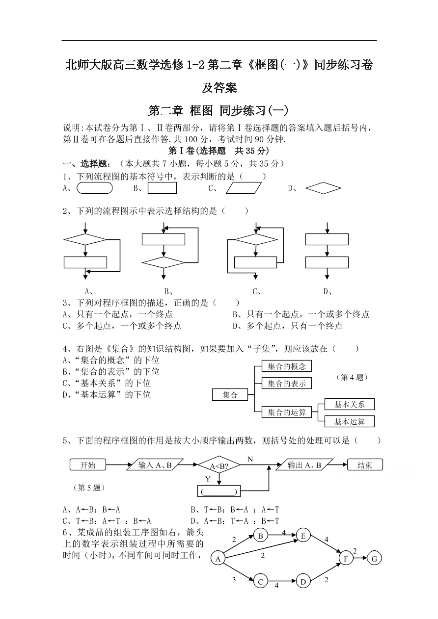 北师大版高三数学选修1-2第二章《框图(一)》同步练习卷及答案