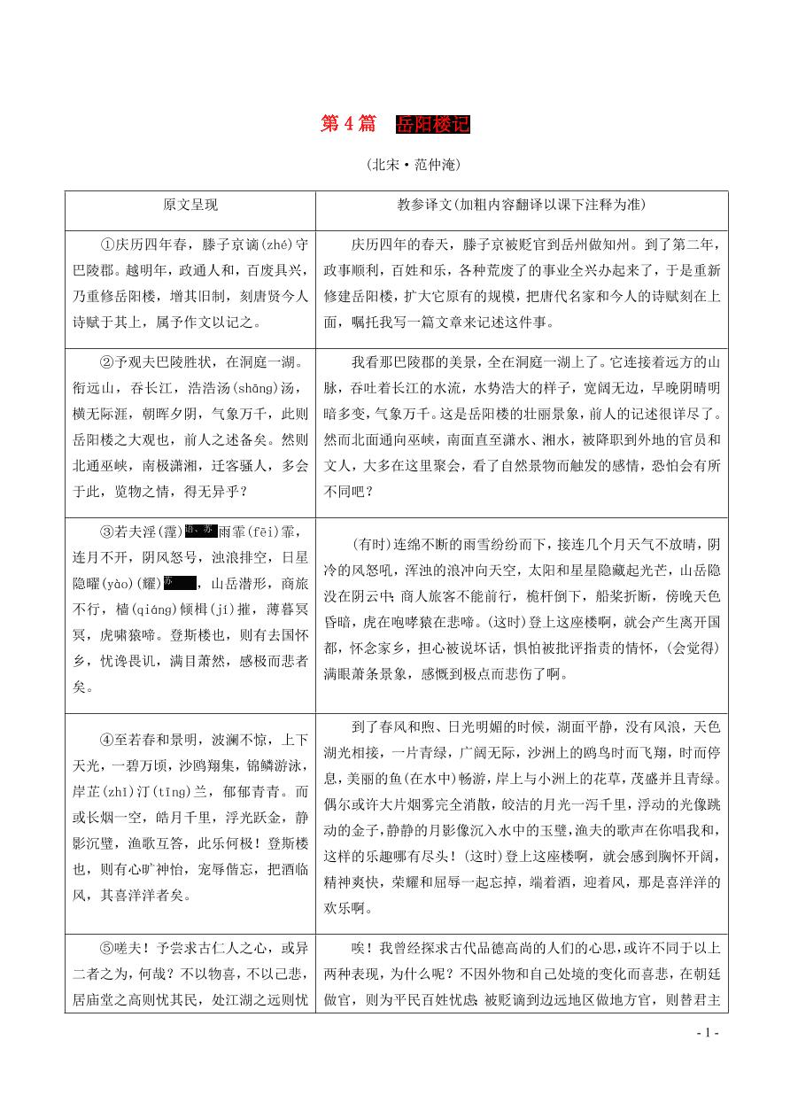 中考语文专题复习精炼课内文言文阅读第4篇岳阳楼记（含答案）