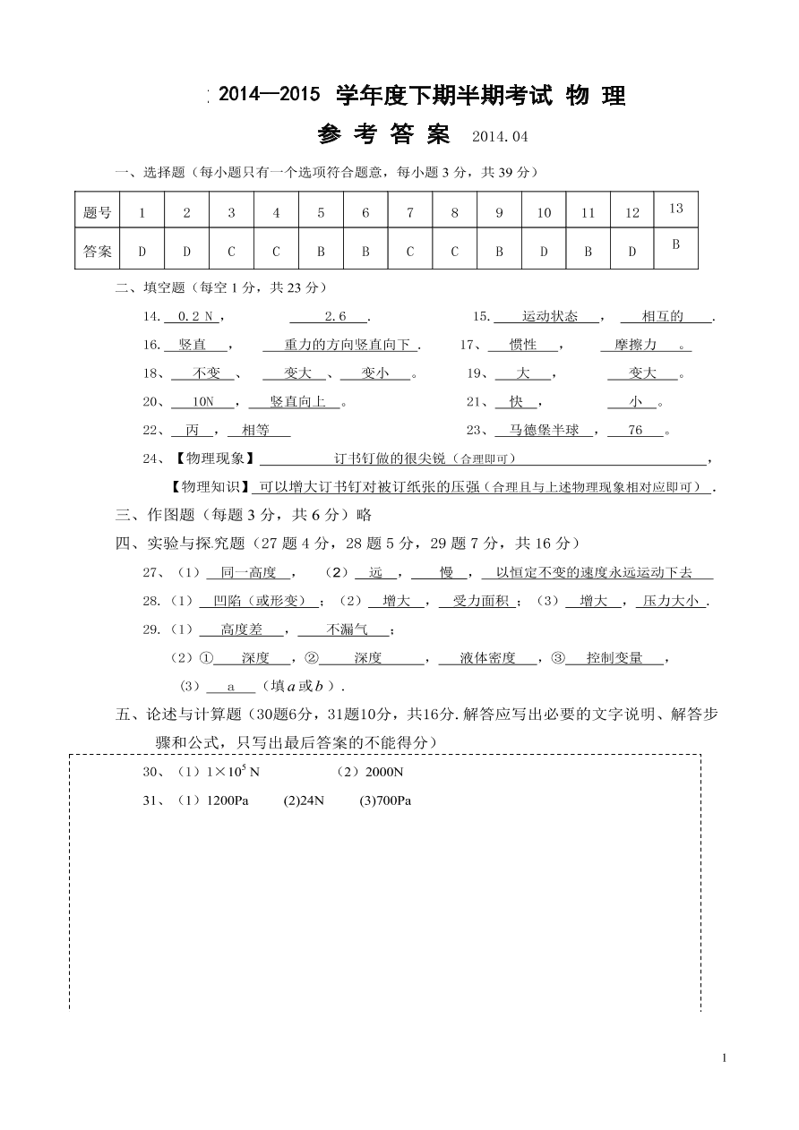 八年级物理下册期中试卷（含答案）