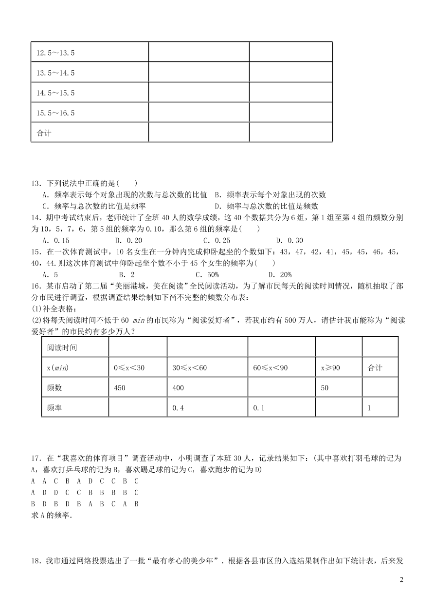 八年级数学上册第15章数据的收集与表示15.1数据的收集测试题（华东师大版）