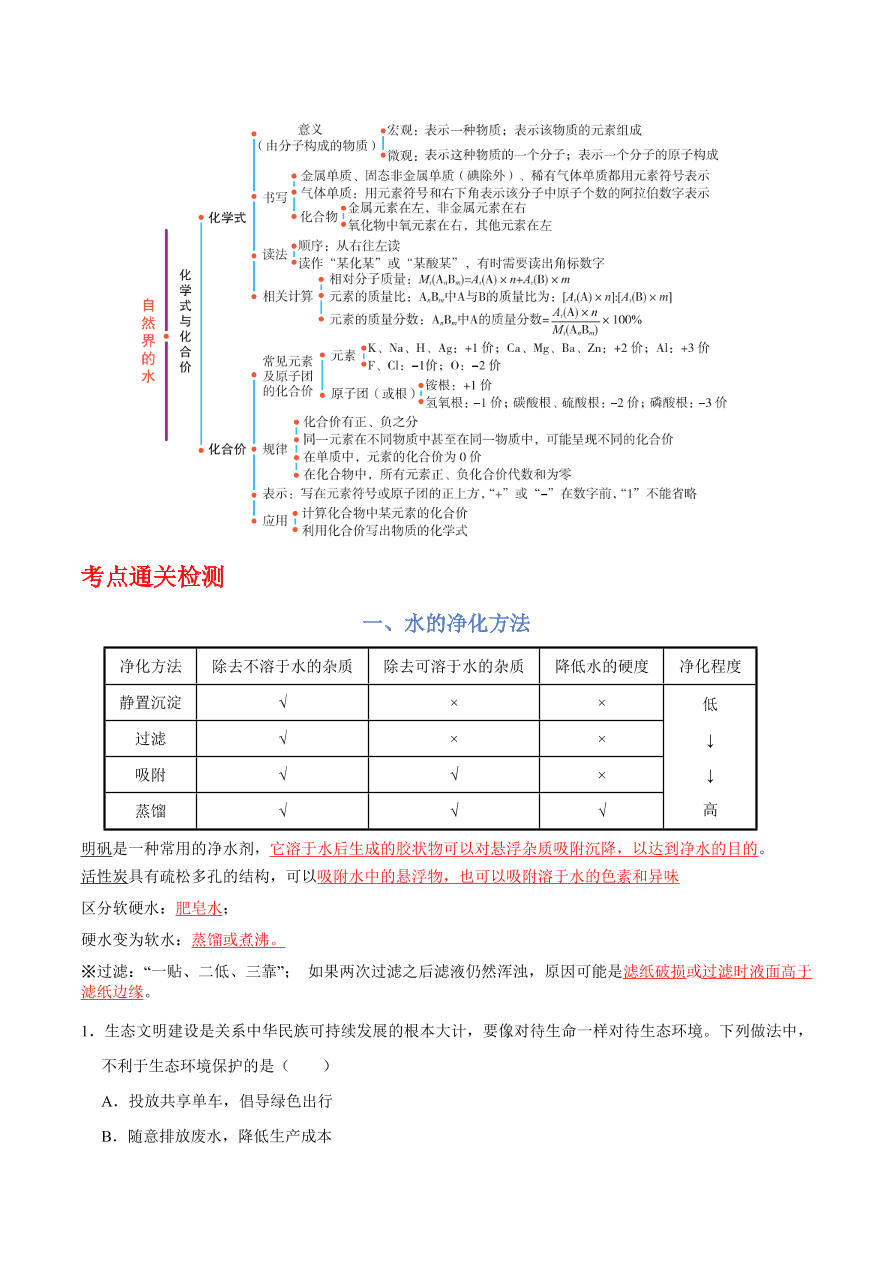 2020-2021学年人教版初三化学上期期中考单元检测 第四单元   自然界的水