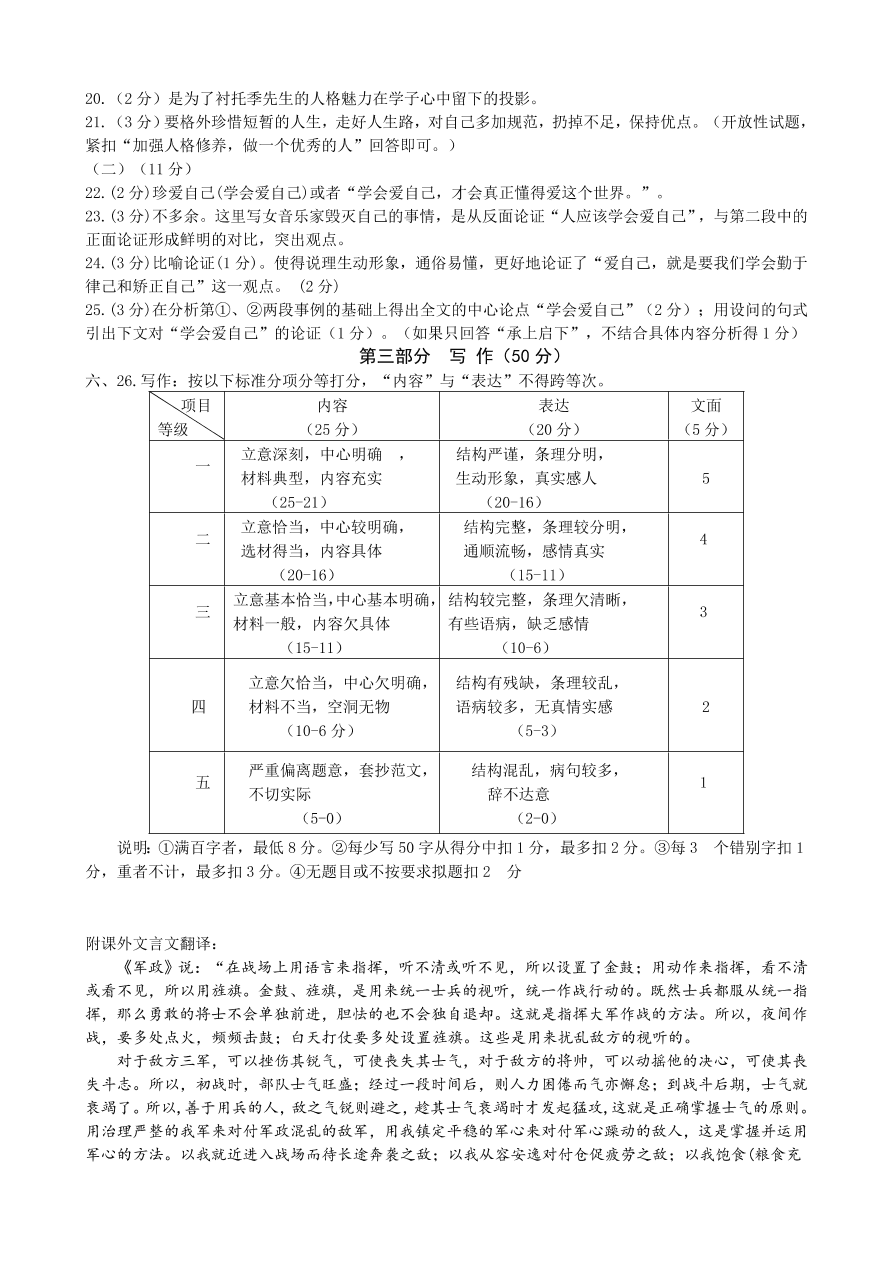 潍坊地区九年级语文第一学期期末试卷及答案