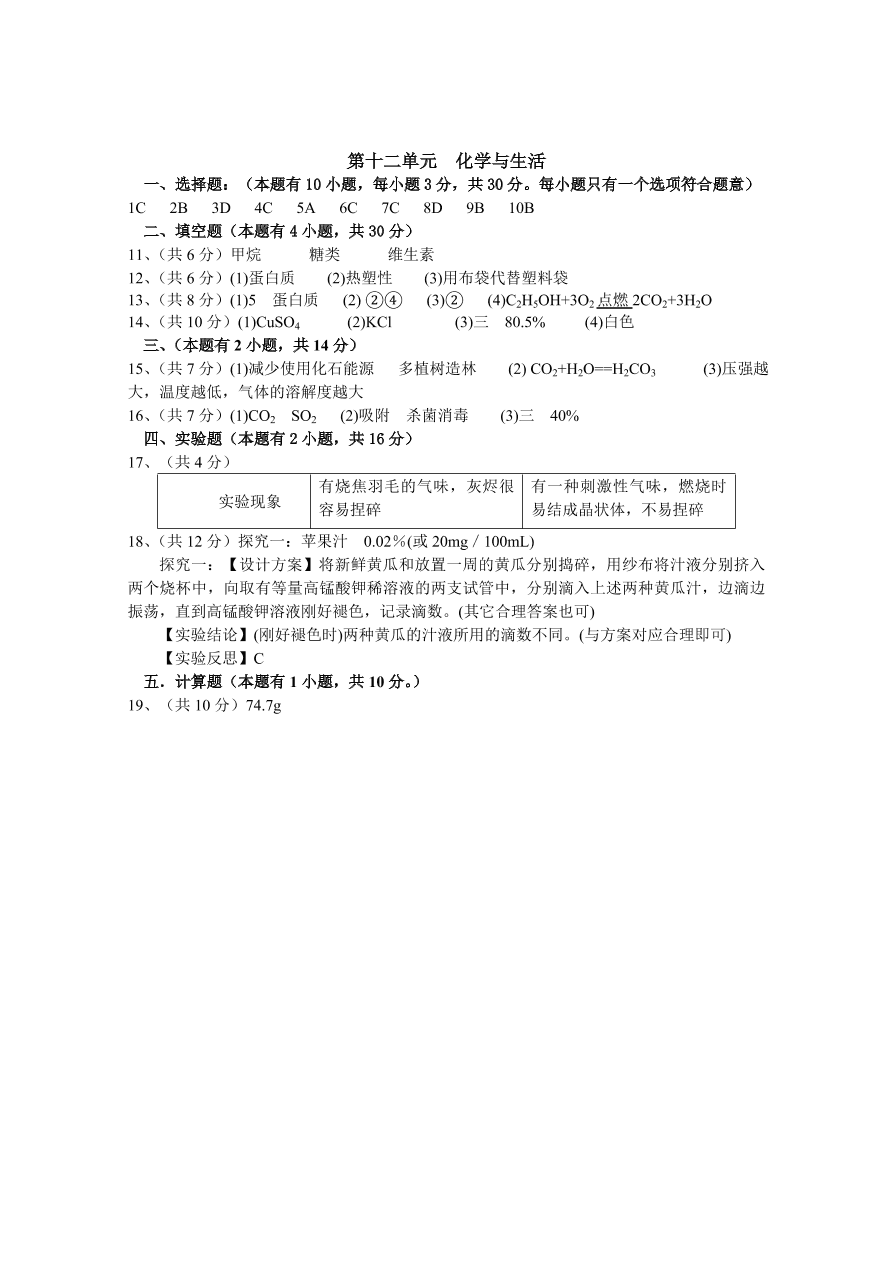 九年级化学下册第12单元测试