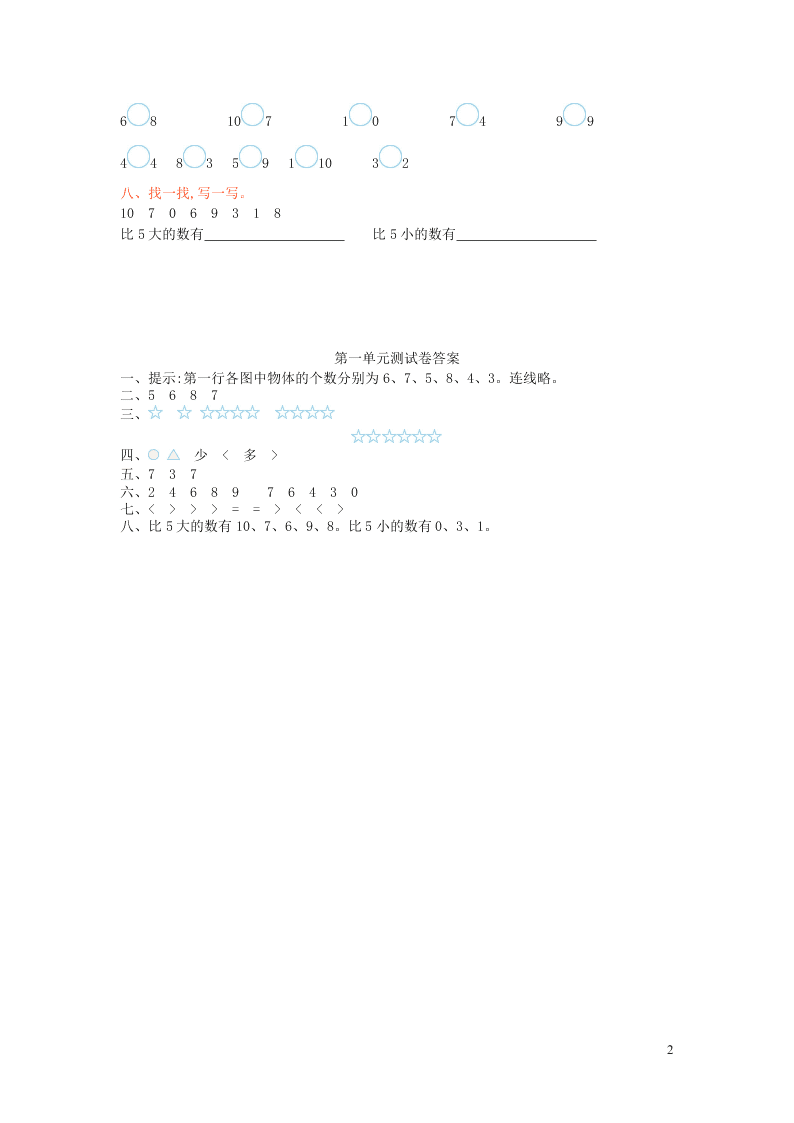 一年级数学上册一生活中的数单元综合检测题（北师大版）