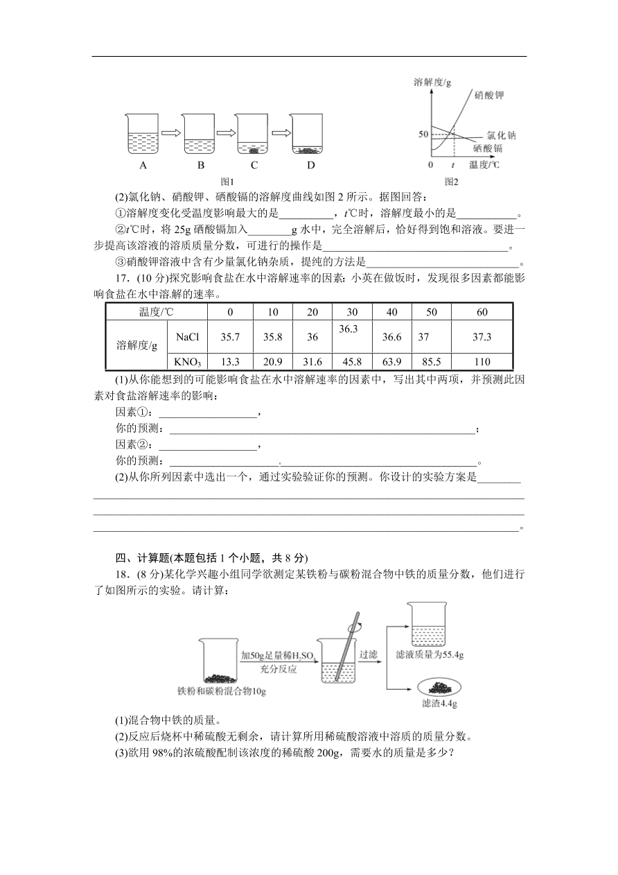 九年级化学下册：第九单元检测卷（含答案）