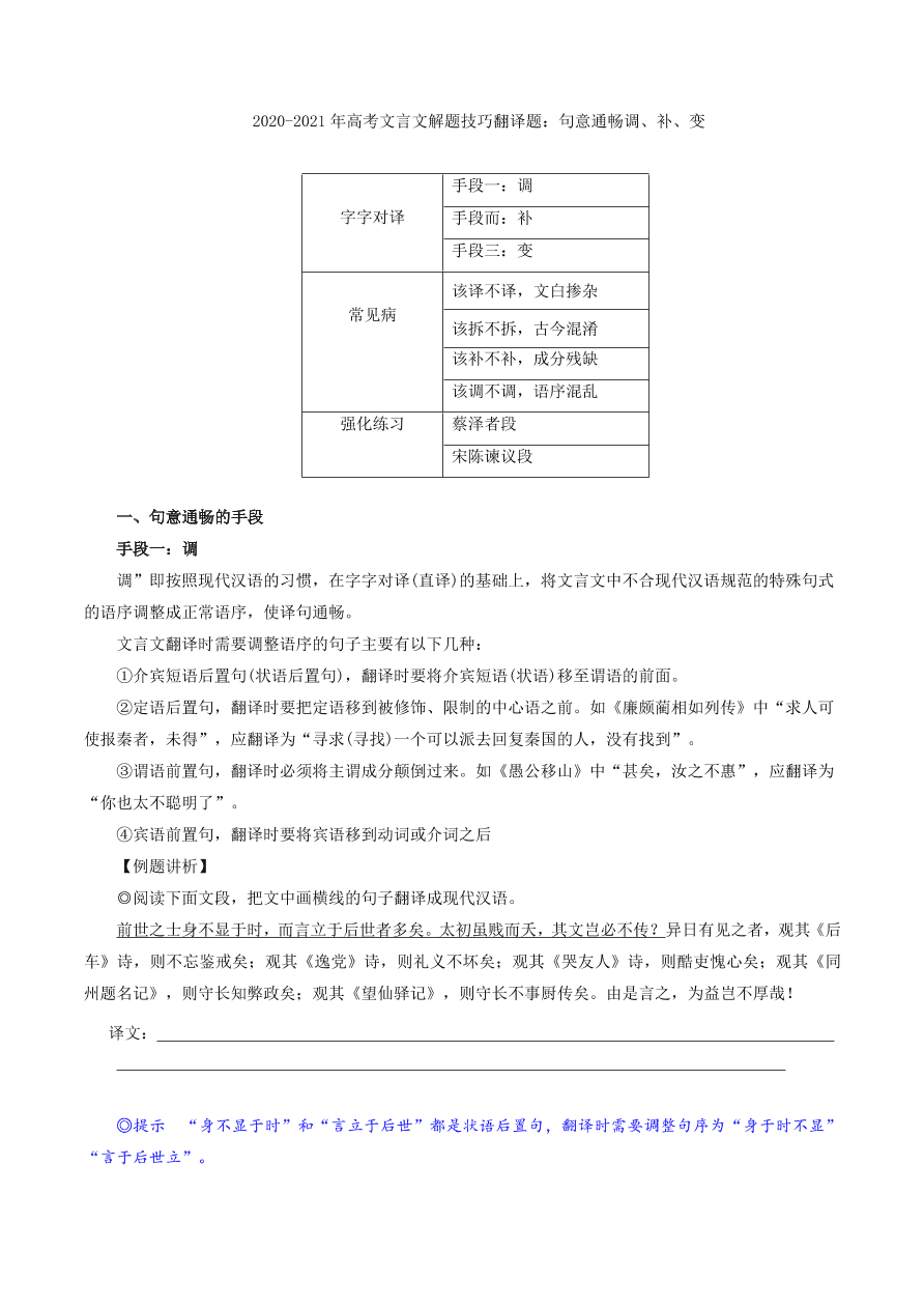 2020-2021年高考文言文解题技巧翻译题：句意通畅调、补、变