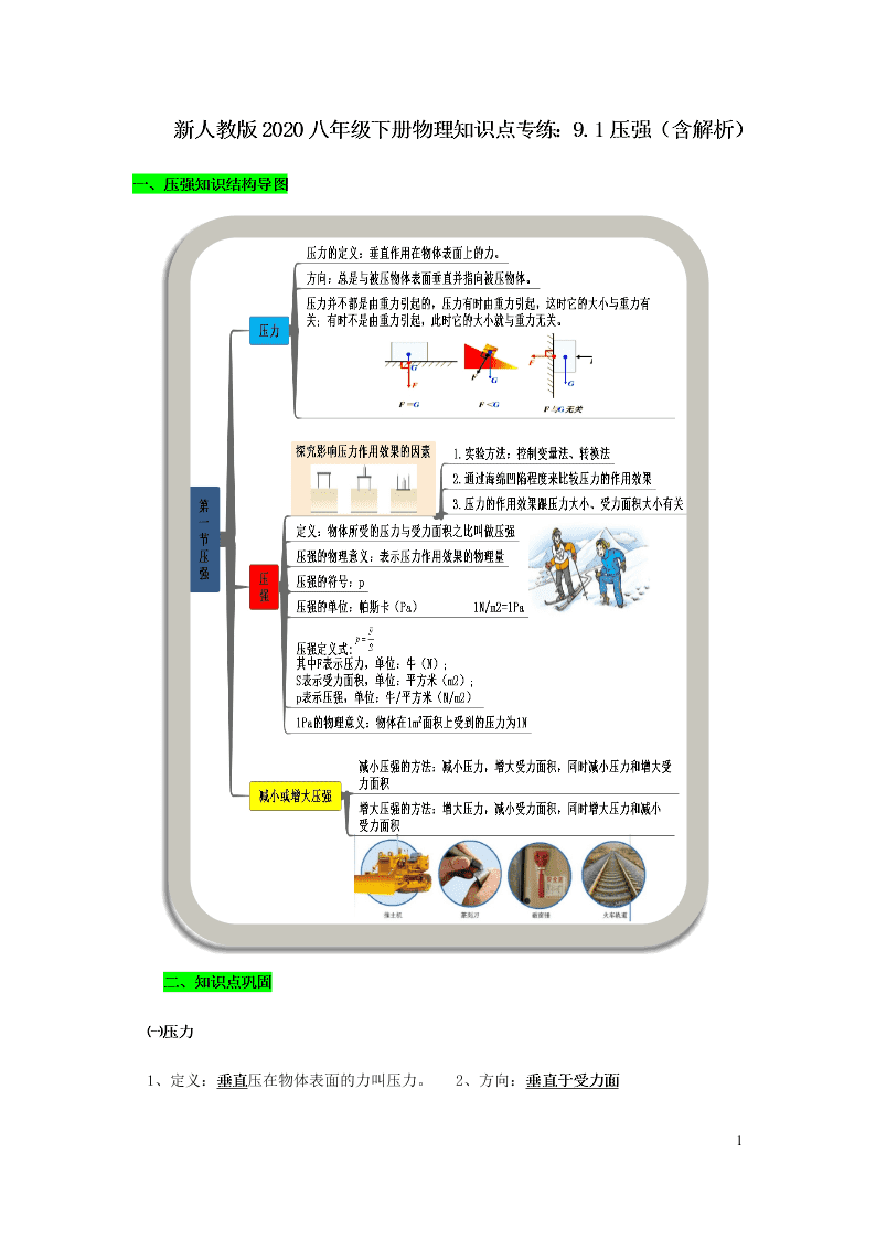 新人教版2020八年级下册物理知识点专练：9.1压强（含解析）