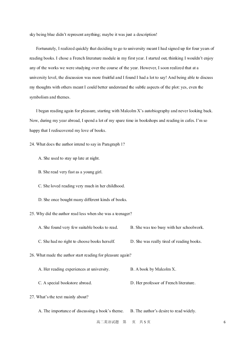 黑龙江省哈尔滨市第六中学2020-2021高二英语10月月考试题（Word版附答案）