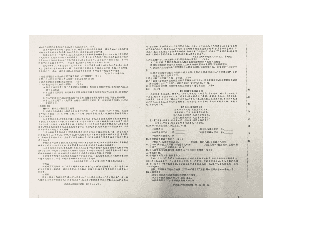 安徽省合肥市庐江县2019-2020学年度第二学期期末检测八年级语文试卷（图片版 无答案）   