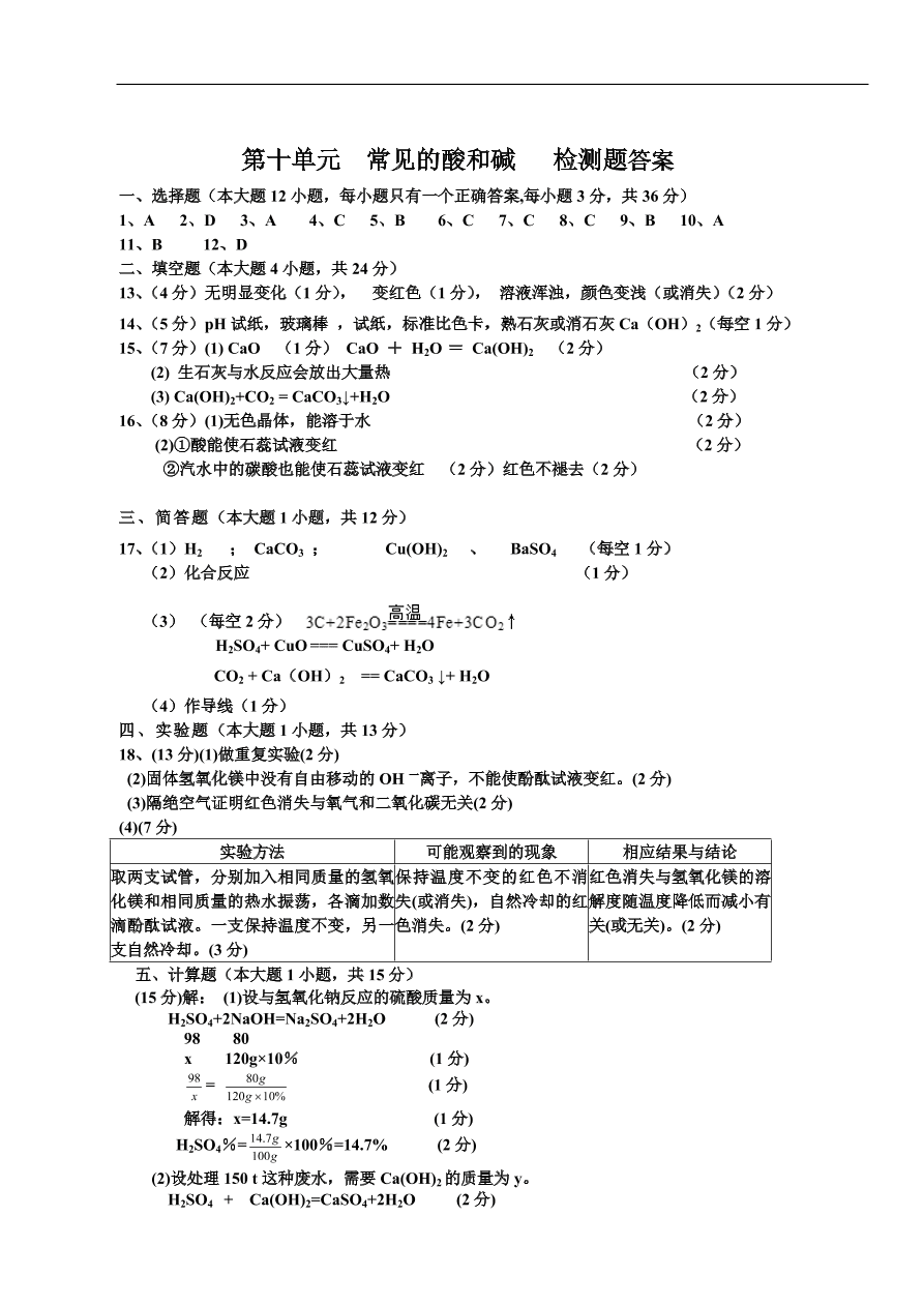 九年级化学下册第10单元  常见的酸和碱   检测题