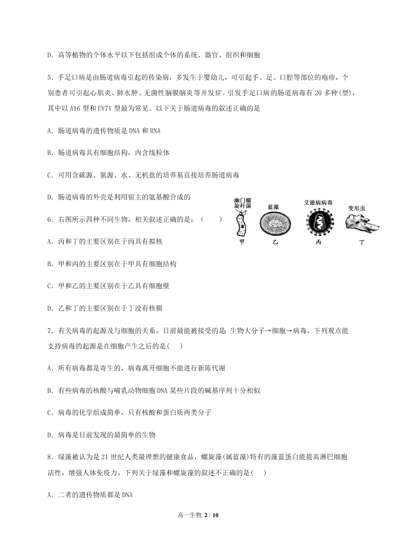 四川省成都外国语学校2020-2021高一生物10月月考试题（Word版附答案）
