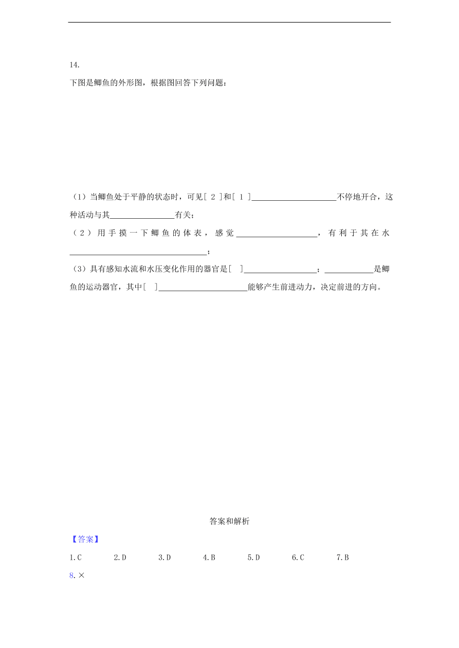 人教版八年级生物上册《鱼》同步练习及答案