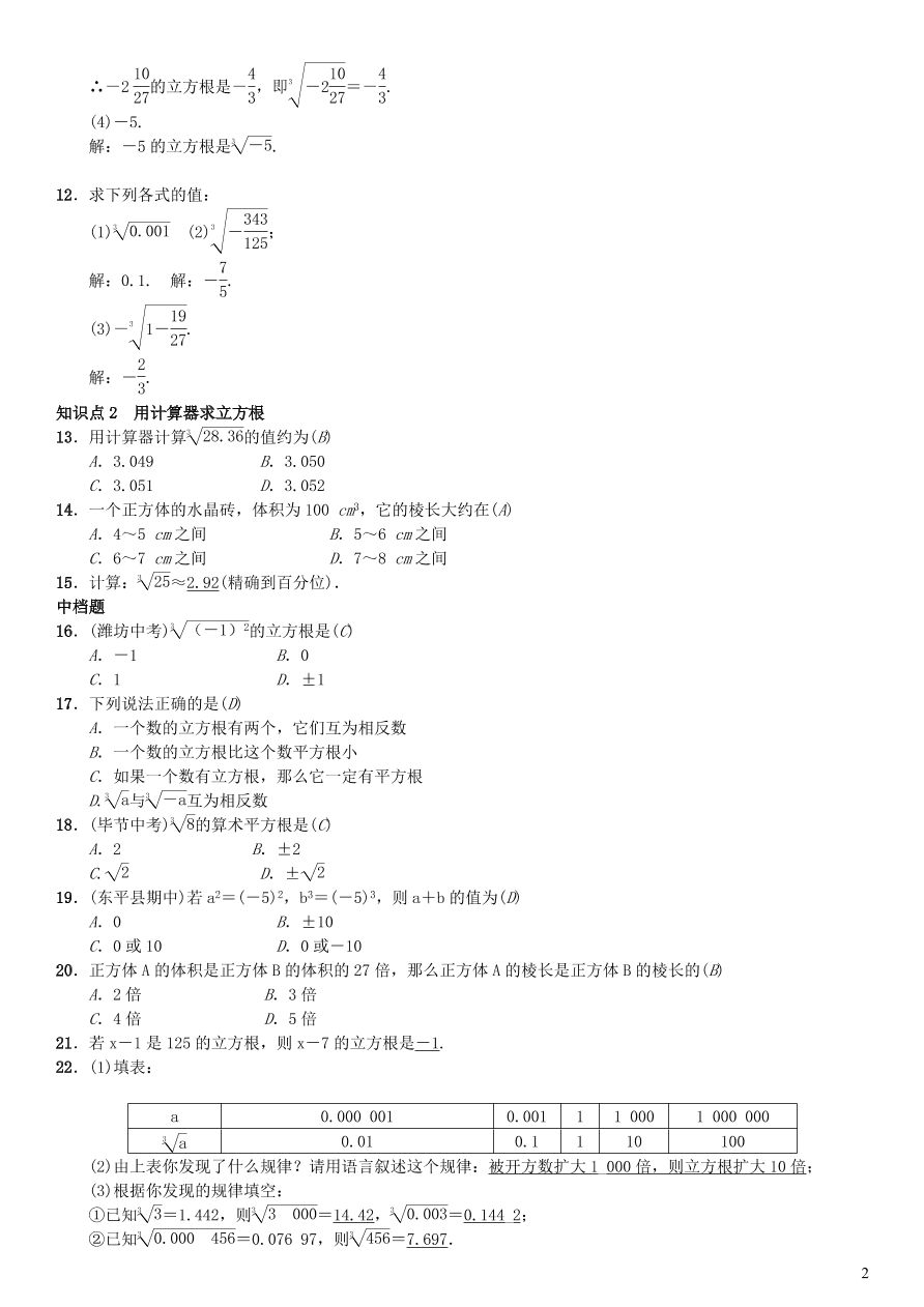 八年级数学上册第11章数的开方11.1平方根与立方根2立方根练习(华东师大版)