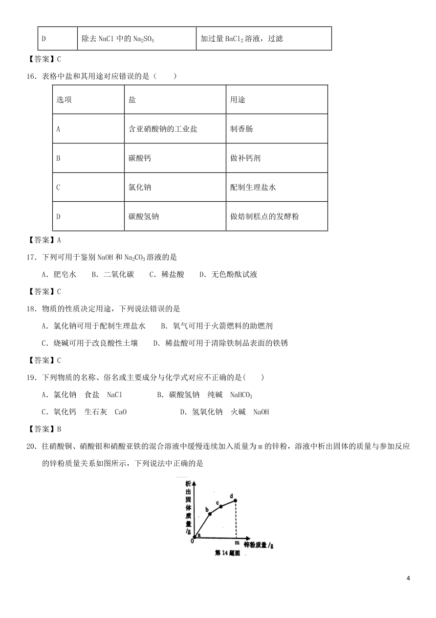 中考化学专题复习测试卷 生活中的的盐及粗盐的提纯