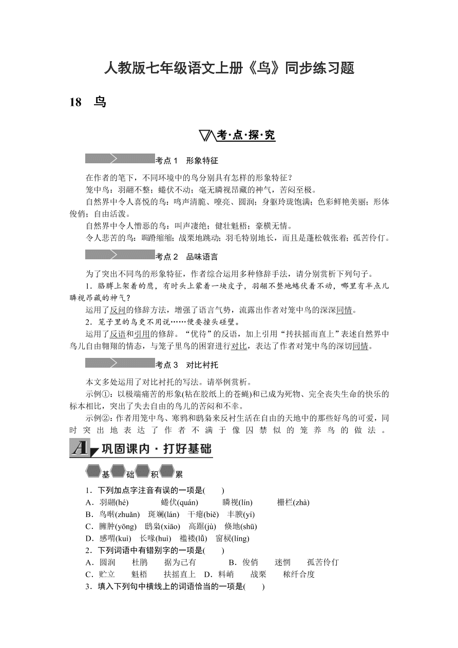 人教版七年级语文上册《鸟》同步练习题