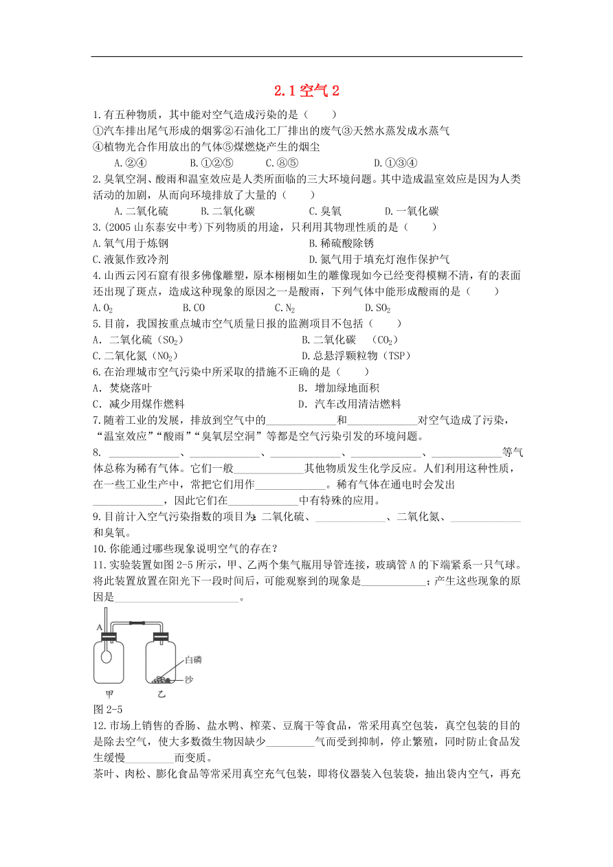 新人教版 九年级化学上册  2.1空气 专题复习