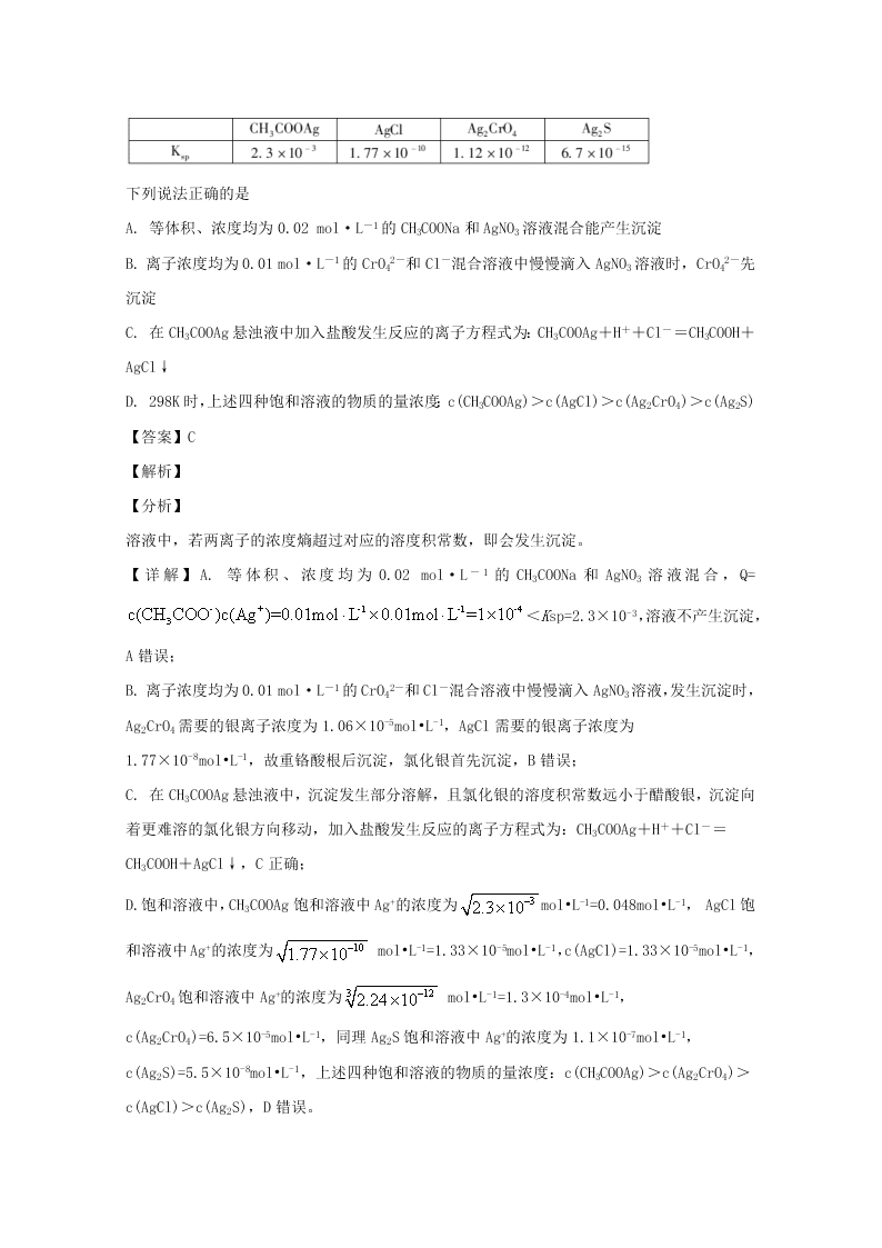 安徽省芜湖市2019-2020高二化学上学期期末试题（Word版附解析）