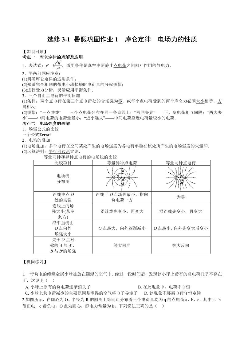 人教版高一物理选修3-1 暑假巩固作业1  库仑定律　电场力的性质