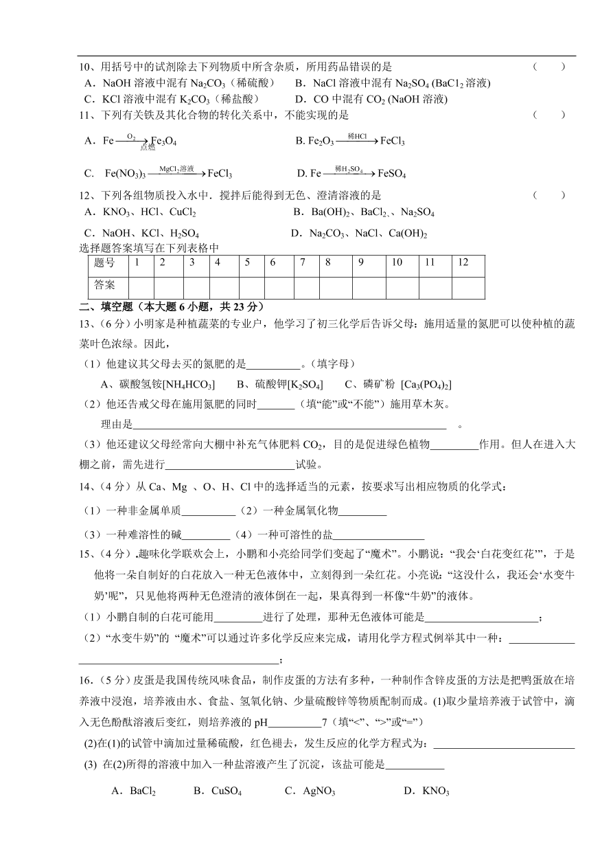 九年级化学下册第11单元  盐  化学肥料  检测题 