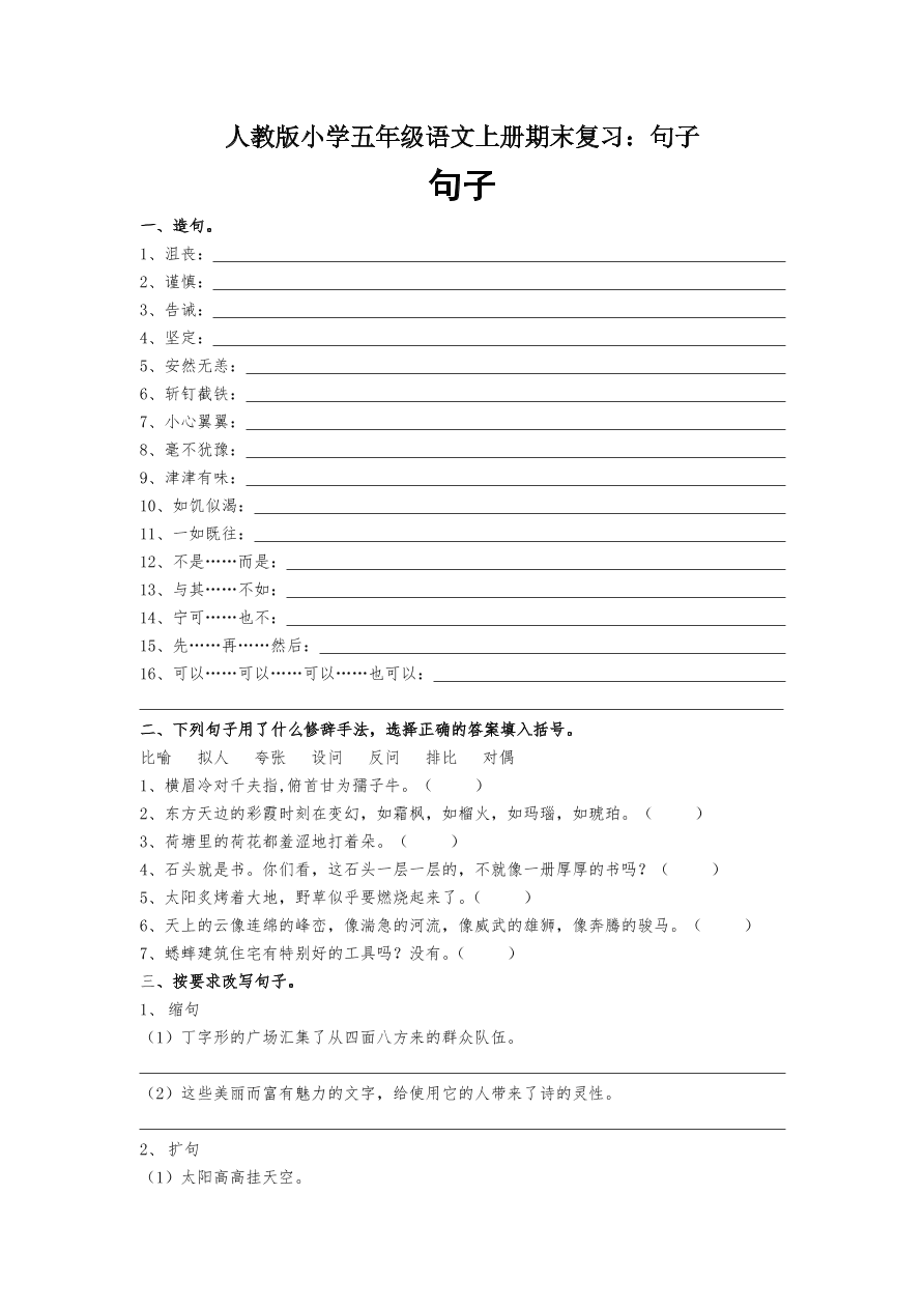 人教版小学五年级语文上册期末复习：句子