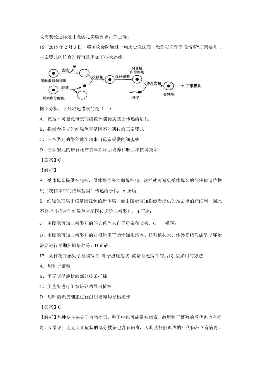 2020-2021學(xué)年高考生物精選考點(diǎn)突破專題20 細(xì)胞工程及胚胎工程