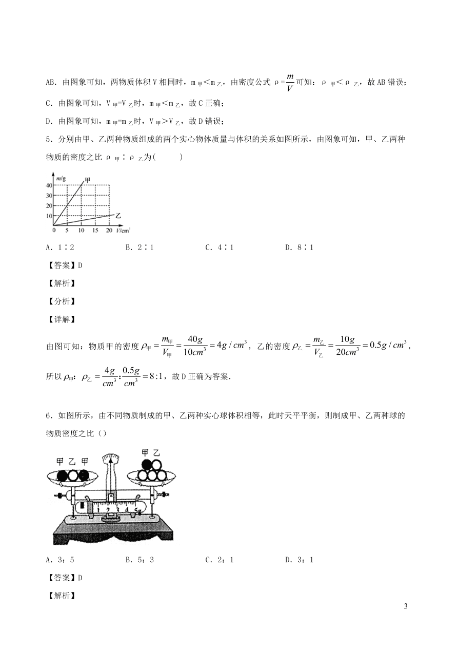 2020秋八年级物理上册6.2物质的密度课时同步检测题（含答案）