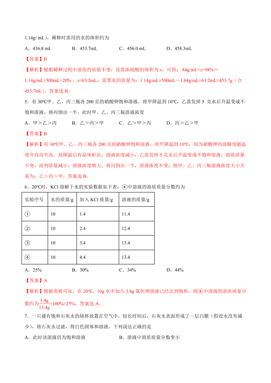 2020-2021学年初三化学课时同步练习：溶液组成的表示方法、溶液的稀释