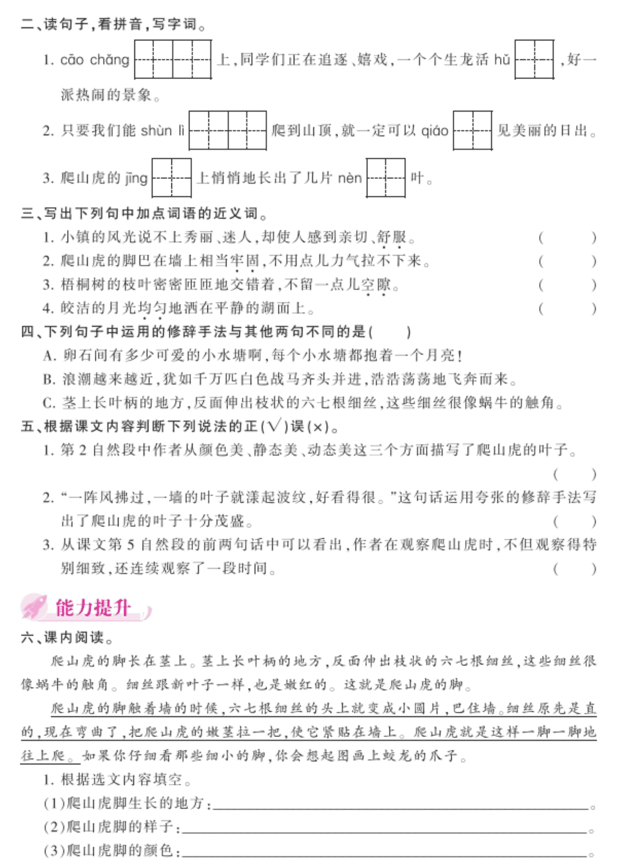 2020部编人教版四年级（上）语文 10.爬山虎的脚 练习题（pdf）