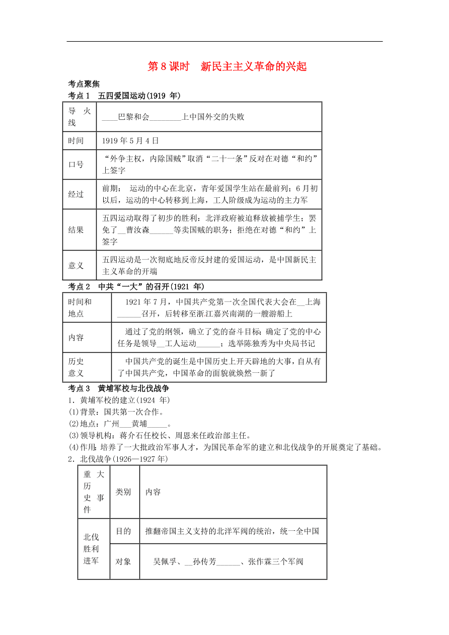 中考历史专题考点聚焦 第8课时-新民主主义革命的兴起
