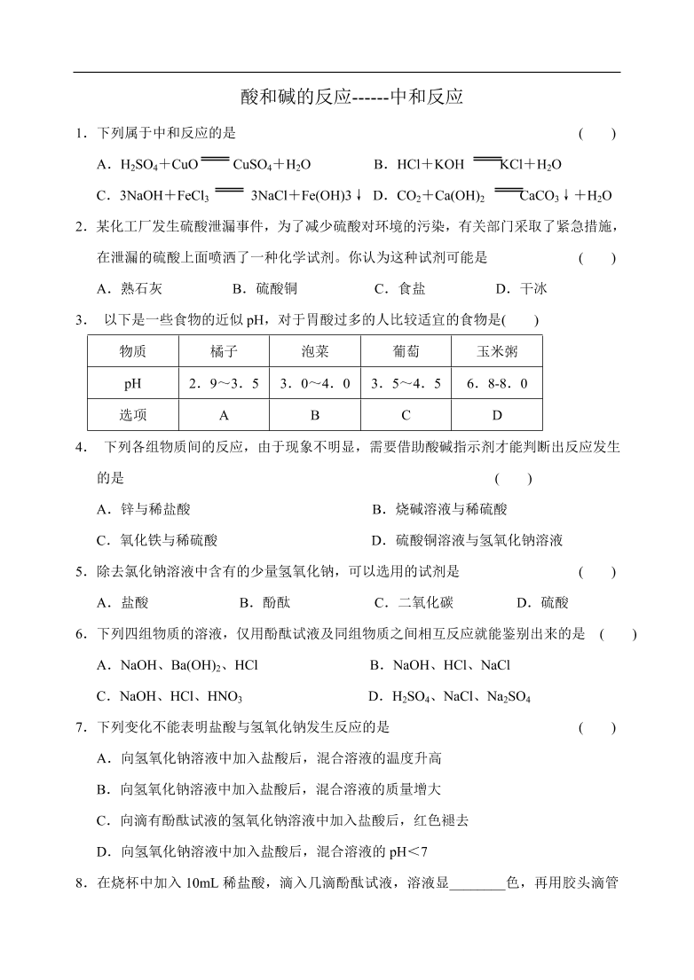 九年级化学专题复习   酸和碱的反应6 练习