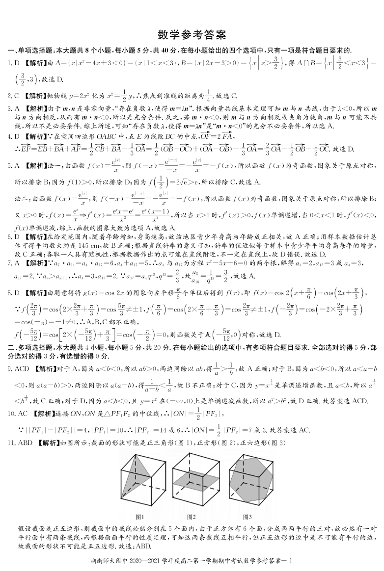 湖南省湖南师大附中2020-2021学年高二数学上学期期中试题PDF