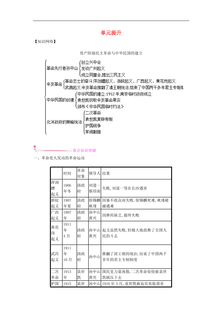 新人教版 八年级历史上册第三单元资产阶级革命与中华民国的建立单元提升试题（含答案）