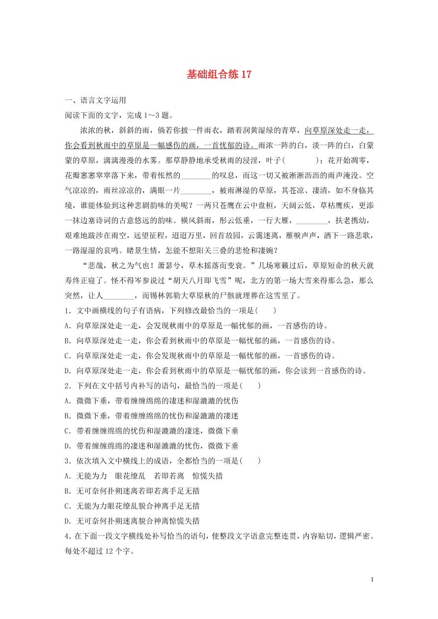 2020版高考语文一轮复习基础突破第三轮基础组合练17（含答案）