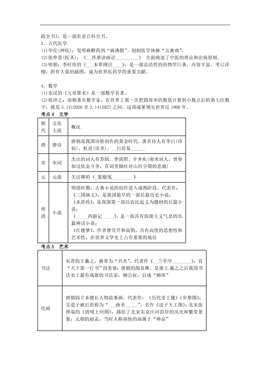 中考历史专题考点聚焦 第5课时-中国古代的科学技术与思想文化