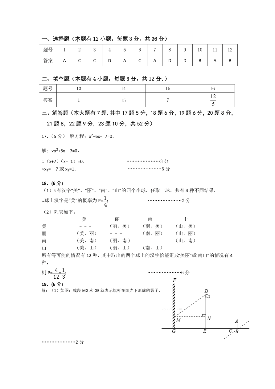 广东省南山区九年级数学上册期中测试卷及参考答案