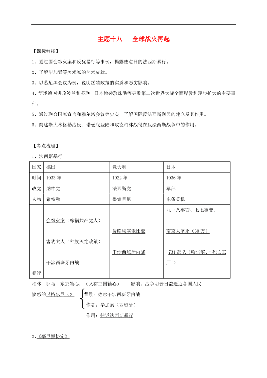 中考历史总复习第一篇章教材巩固主题十八全球战火再起试题（含答案）